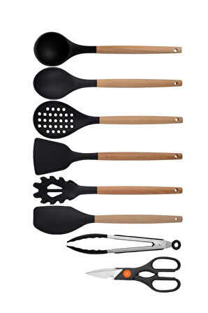 Siyah Bambu Silikon - Kepçe, Kaşık, Kevgir, Makarna, Açılı - Düz Spatula, Metal Maşa, Makas 8 li set
