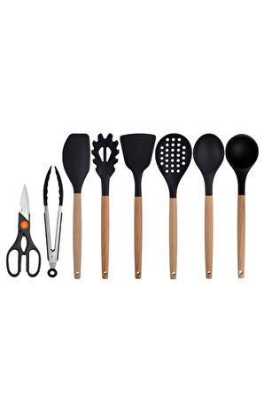 Siyah Bambu Silikon - Kepçe, Kaşık, Kevgir, Makarna, Açılı - Düz Spatula, Metal Maşa, Makas 8 li set