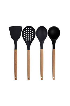 Siyah Bambu Silikon - Kepçe, Kaşık, Kevgir, Makarna, Açılı - Düz Spatula, Metal Maşa, Makas 8 li set