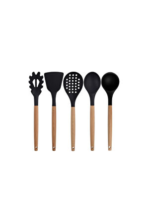 Siyah Bambu Silikon - Kepçe, Kaşık, Kevgir, Makarna, 2 Spatula, Silikon Metal Maşa, Makas, Çırpıcı