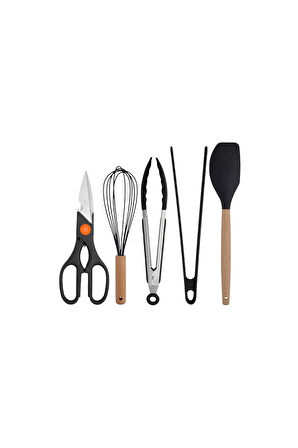 Siyah Bambu Silikon - Kepçe, Kaşık, Kevgir, Makarna, 2 Spatula, Silikon Metal Maşa, Makas, Çırpıcı