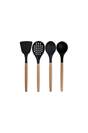 Siyah Bambu Silikon Servis Seti Kepçe, Kaşık, Kevgir, Makarna, 2 Spatula, Çelik Maşa, Çırpıcı 8 Adet
