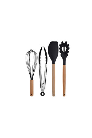 Siyah Bambu Silikon Servis Seti Kepçe, Kaşık, Kevgir, Makarna, 2 Spatula, Çelik Maşa, Çırpıcı 8 Adet