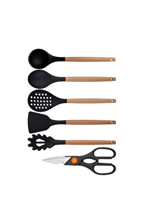 Siyah Bambu Silikon Servis Seti - Kepçe, Kaşık, Kevgir, Makarna, Açılı Spatula, Makas, 6 Adet