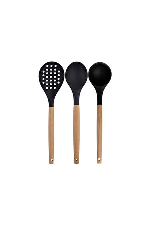 Siyah Bambu Silikon Servis Seti - Kepçe, Kaşık, Kevgir, Makarna, Açılı Spatula, Makas, 6 Adet