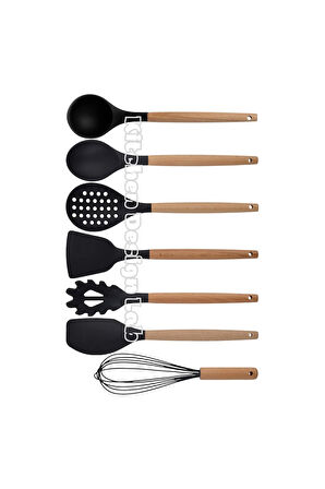 Siyah Bambu Silikon Servis Set - Kepçe, Kaşık, Kevgir, Makarna, Açılı Düz Spatula, Çırpıcı 7 Adet