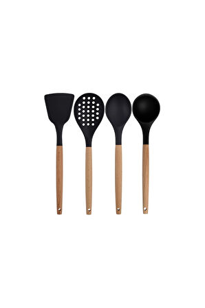 Siyah Bambu Silikon Servis Set - Kepçe, Kaşık, Kevgir, Makarna, Açılı Düz Spatula, Çırpıcı 7 Adet