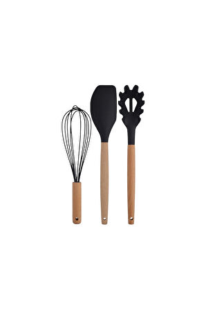 Siyah Bambu Silikon Servis Set - Kepçe, Kaşık, Kevgir, Makarna, Açılı Düz Spatula, Çırpıcı 7 Adet