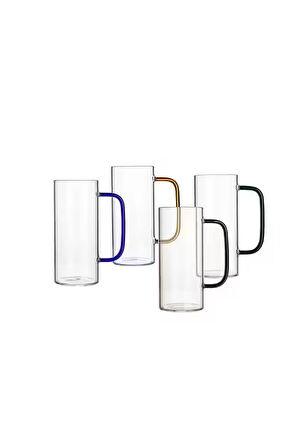 Yeni Stil Mavi Renkli Borosilikat Cam Yuvarlak Nescafe,Latte,Kahve Kulplu Kupa 400 ML 6 Adet