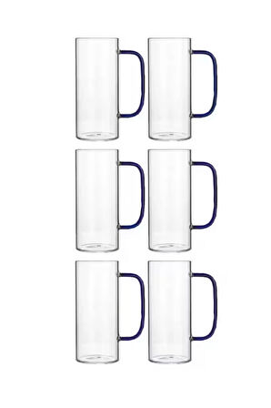 Yeni Stil Mavi Renkli Borosilikat Cam Yuvarlak Nescafe,Latte,Kahve Kulplu Kupa 400 ML 6 Adet