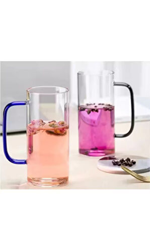 Yeni Stil Mavi Renkli Borosilikat Cam Yuvarlak Nescafe,Latte,Kahve Kulplu Kupa 400 ML 6 Adet