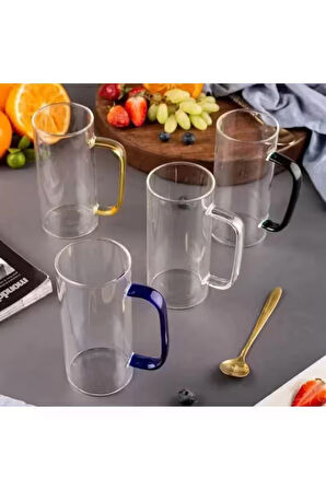 Yeni Stil Mavi Renkli Borosilikat Cam Yuvarlak Nescafe,Latte,Kahve Kulplu Kupa 400 ML 6 Adet