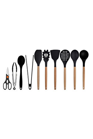 Siyah Bambu Silikon - Kepçe, Kaşık, Kevgir, Makarna, 2 Spatula, 2 Maşa, Silikon Kaşık, Makas Set