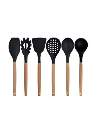 Siyah Bambu Silikon - Kepçe, Kaşık, Kevgir, Makarna, 2 Spatula, 2 Maşa, Silikon Kaşık, Makas Set