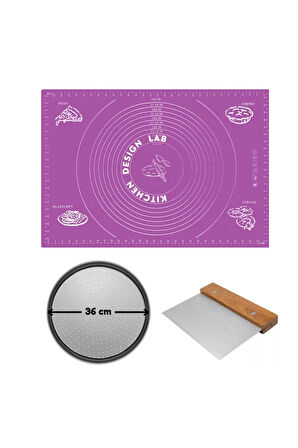 Mor Silikon Hamur Açma Matı 45 X 65 Cm, 36 Cm Pizza Tepsisi Ve Ahşap Saplı Hamur ve Pizza Kesici