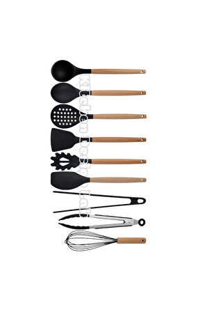 Siyah Bambu Silikon - Kepçe, Kaşık, Kevgir, Makarna, 2 Spatula, Silikon Metal Maşa, Çırpıcı 9 Adet
