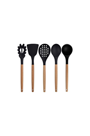 Siyah Bambu Silikon - Kepçe, Kaşık, Kevgir, Makarna, 2 Spatula, Silikon Metal Maşa, Çırpıcı 9 Adet