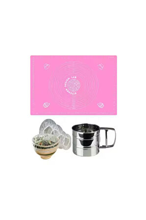 Pembe 45x65 Cm Silikon Hamur Açma Matı, Çelik Un Eleği ve Hamur Dinlendirme Poşeti 8 li