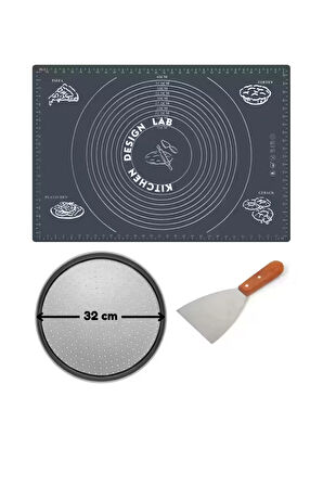 Gri  Hamur Açma Matı 45 X 65 Cm, 32 Cm Pizza Tepsisi Ve Ahşap Uzun Saplı Hamur ve Pizza Kesici