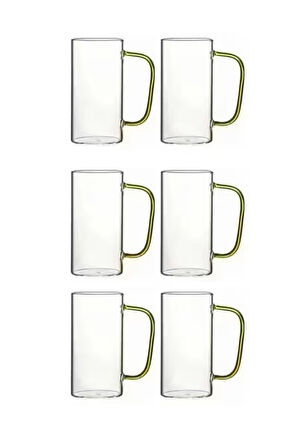 Yeni Stil Sarı Renkli Borosilikat Cam Yuvarlak Nescafe,Latte,Kahve Kulplu Kupa 400 ML 6 Adet