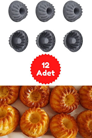 Antrasit 12'li Silikon Mini Kek Kalıbı - Muffin Kalıbı 12 Adet Göbekli Kek Kalıbı