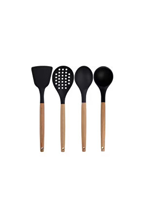 Siyah Bambu Silikon Servis Set - Kepçe Kaşık Kevgir, Makarna, Açılı Düz Spatula, Silikon Maşa 7 Adet