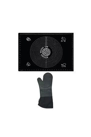 2'li Set Siyah 45x65 Cm Silikon Hamur Açma Matı Ve Gri Silikon Yanmaz Mutfak Fırın Eldiveni