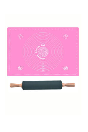 Pembe 45x65 Cm Silikon Hamur Açma Matı Ve Bambu Saplı Silikon Merdane