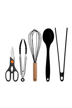 Siyah Bambu Silikon Kepçe Kaşık Kevgir Makarna, 2 Spatula, 2 Maşa, Çırpıcı, S Kaşık, Makas 11 Li Set