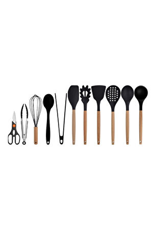 Siyah Bambu Silikon Kepçe Kaşık Kevgir Makarna, 2 Spatula, 2 Maşa, Çırpıcı, S Kaşık, Makas 11 Li Set
