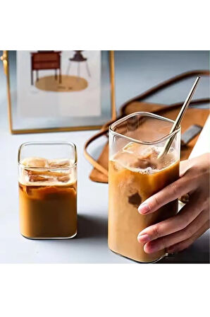Yeni Stil Kare Cam Latte,Kahve,Meşrubat,smoothie Bardağı 400 ML 3 Adet