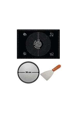 Siyah Hamur Açma Matı 45 X 65 Cm, 36 Cm Pizza Tepsisi Ve Ahşap Uzun Saplı Hamur ve Pizza Kesici