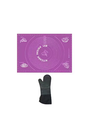 2'li Set Mor 45x65 Cm Silikon Hamur Açma Matı Ve Gri Silikon Yanmaz Mutfak Fırın Eldiveni