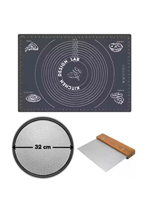 Gri Silikon Hamur Açma Matı 45 X 65 Cm, 32 Cm Pizza Tepsisi Ve Ahşap Saplı Hamur ve Pizza Kesici