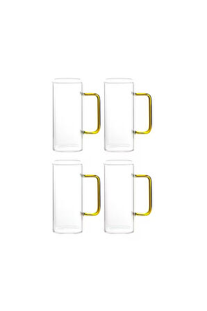 Yeni Nesil Kare Cam Sarı Kulplu Latte,meşrubat,nescafe,süt,su Bardağı 350 ml 4 Adet