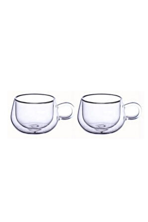 Yeni Tasarım Çift Cidarlı 200 Ml Kulplu Cam Bardak, Neskafe Fincanı, Çay Kupası, 2 Adet 2673