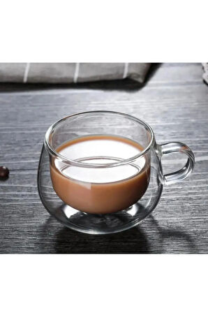 Yeni Tasarım Çift Cidarlı 200 Ml Kulplu Cam Bardak, Neskafe Fincanı, Çay Kupası, 2 Adet 2673