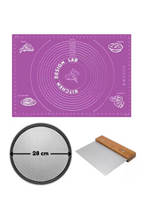 Mor Silikon Hamur Açma Matı 45 X 65 Cm, 28 Cm Pizza Tepsisi Ve Ahşap Saplı Hamur ve Pizza Kesici