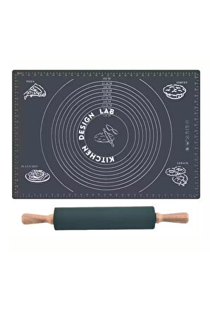 Gri 45x65 Cm Silikon Hamur Açma Matı Ve Bambu Saplı Silikon Merdane