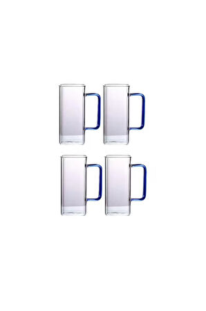 Yeni Nesil Kare Cam Mavi Kulplu Latte,Meşrubat,nescafe,süt,su Bardağı 350 ml 4 Adet