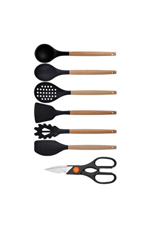 Siyah Bambu Silikon Servis Seti - Kepçe, Kaşık, Kevgir, Makarna, Açılı Düz Spatula, Makas 7 Adet