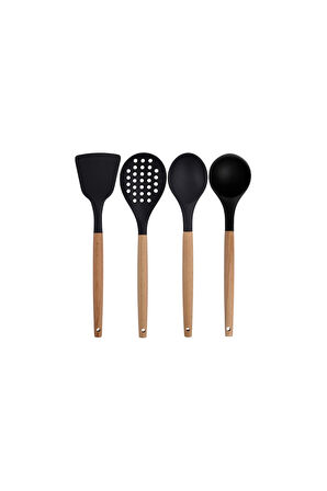 Siyah Bambu Silikon Servis Seti - Kepçe, Kaşık, Kevgir, Makarna, Açılı Düz Spatula, Makas 7 Adet