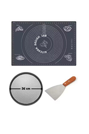 Gri Hamur Açma Matı 45 X 65 Cm, 36 Cm Pizza Tepsisi Ve Ahşap Uzun Saplı Hamur ve Pizza Kesici