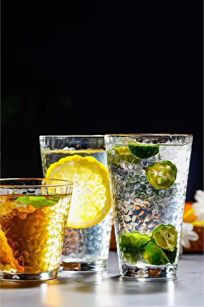 Ezme Dövülmüş Desen Tasarım Cam Su, Meşrubat, Latte, Kahve, Smoothie Bardağı 350 ml 3 Adet - 4361