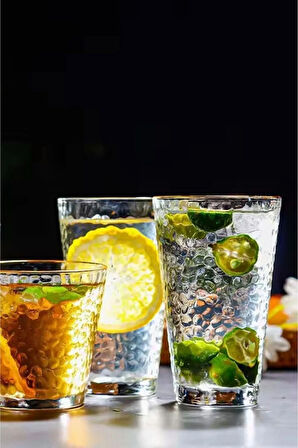 Ezme Dövülmüş Desen Tasarım Cam Su, Meşrubat, Latte, Kahve, Smoothie Bardağı 350 ml 3 Adet - 4361