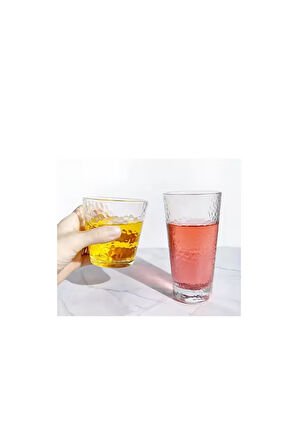 Ezme Dövülmüş Desen Tasarım Cam Su, Meşrubat, Latte, Kahve, Smoothie Bardağı 350 ml 3 Adet - 4361