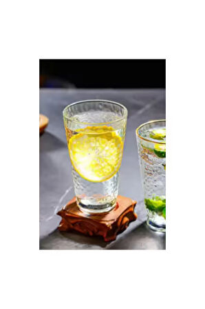 Ezme Dövülmüş Desen Tasarım Cam Su, Meşrubat, Latte, Kahve, Smoothie Bardağı 350 ml 3 Adet - 4361