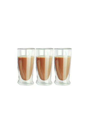 Çift Cidarlı Uzun Cam Kokteyl -Meşrubat-Latte Bardağı 350 ML 3 Adet 2323