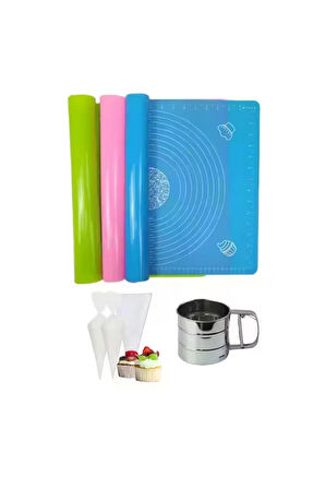 Çok Amaçlı Hamur Açma Matı 45 Cm X 65 Cm, Çelik Un Eleği ve Kullan At Krema Torbası 50 li
