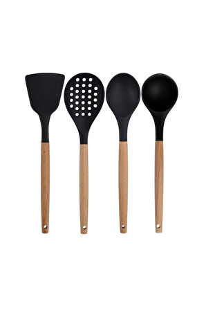 Siyah Bambu Silikon - Kepçe, Kaşık, Kevgir, Makarna, Açılı - Düz Spatula 6'lı Set